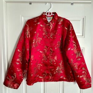 Clio Red Satin Dragon-Print Mandarin Collar Jacket